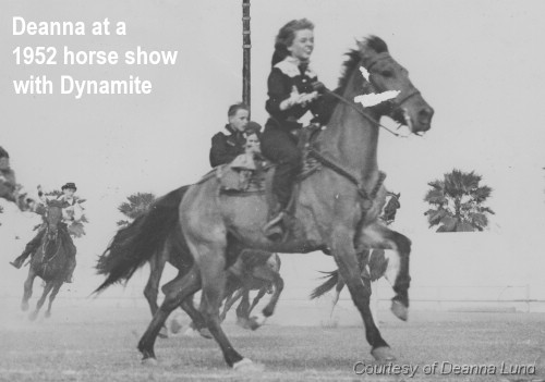 Deanna Lund with Dynamite at a 1952 horse show